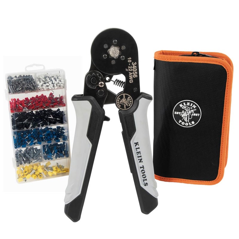Klein Tools 34061 Ferrule Crimping Tool Set with Ratcheting Hex Crimper Pliers, 1200 Wire Terminals (10-22 AWG), and Soft Carrying Case for Electrical Applications - Image 1