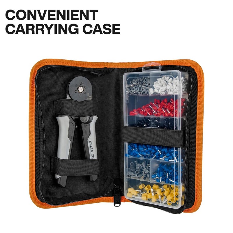 Klein Tools 34061 Ferrule Crimping Tool Set with Ratcheting Hex Crimper Pliers, 1200 Wire Terminals (10-22 AWG), and Soft Carrying Case for Electrical Applications - Image 4