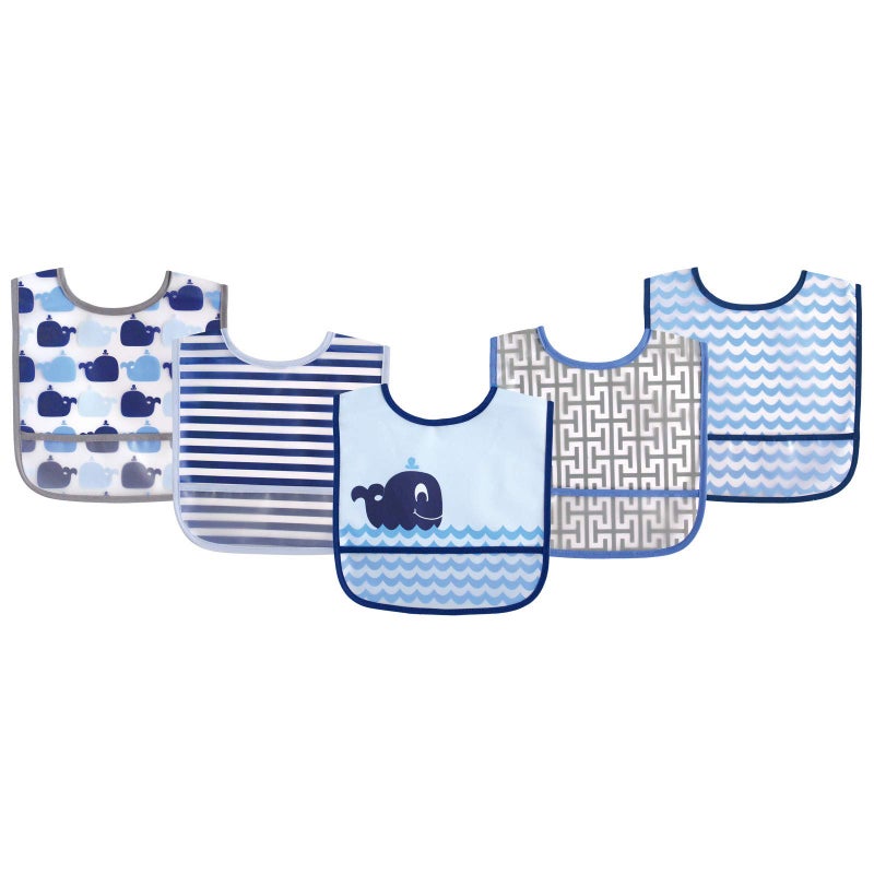 Luvable Friends Unisex Baby Waterproof PEVA Bibs, Blue Whale, One Size - Image 1