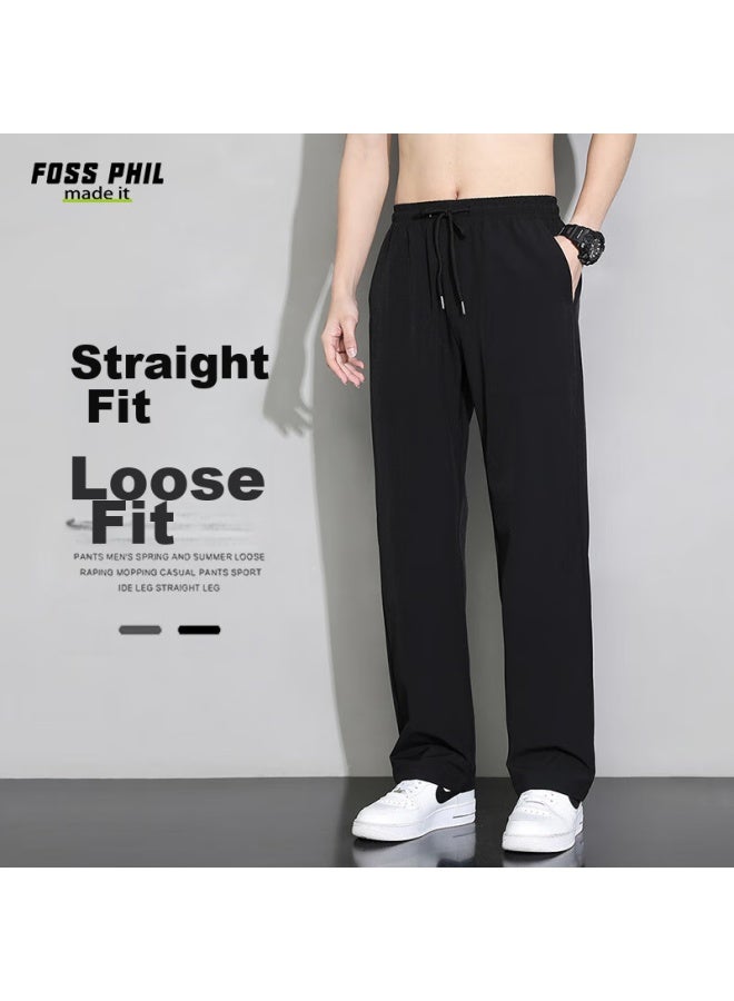Foss Phil American-style High Street Pants For Men, Spring And Summer Casual Wide-leg Draping Sports Straight-leg Ice Silk Trousers, 220 Black, Size L - Image 1