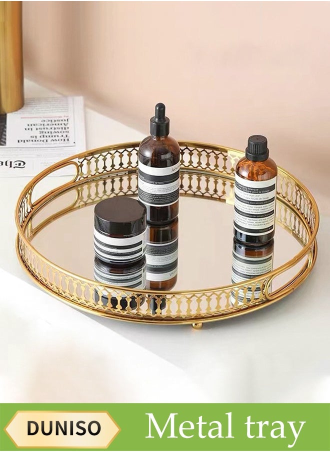 DUNISO Round Gold Mirrored Tray, Glass Metal Jewelry Storage Tray, Decorative Makeup Perfume Organizer, Suitable For Bathroom Bedroom Dressing Table  - Image 1