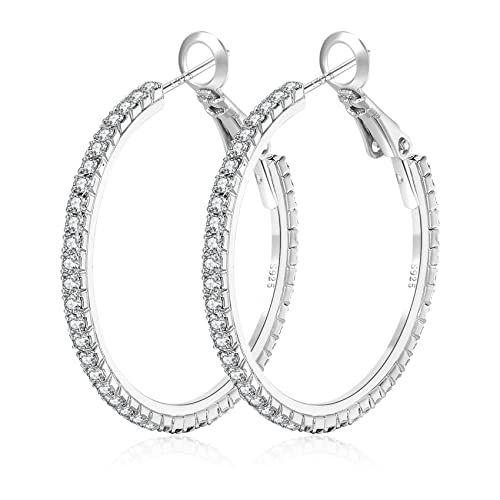 OOOPEL Large Rhinestone Hoop Earrings 925 Sterling Silver Post Cubic Zirconia Hoop Earrings Thin Rhinestones Round Hoop Earrings for Women Silver Hoop Earrings Sparkly Hoop Earrings with Crystals for Womens - Image 1