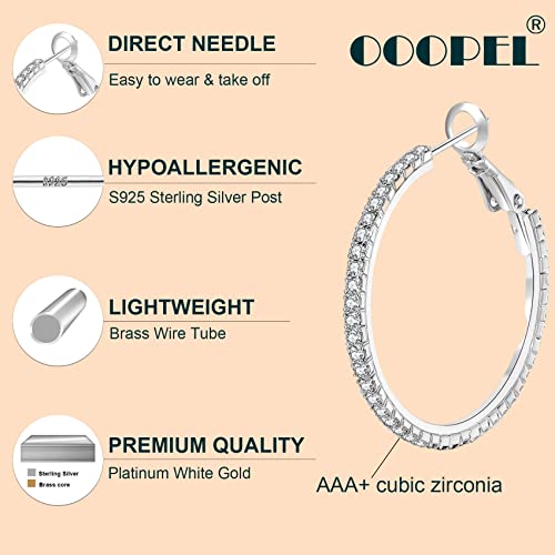 OOOPEL Large Rhinestone Hoop Earrings 925 Sterling Silver Post Cubic Zirconia Hoop Earrings Thin Rhinestones Round Hoop Earrings for Women Silver Hoop Earrings Sparkly Hoop Earrings with Crystals for Womens - Image 2