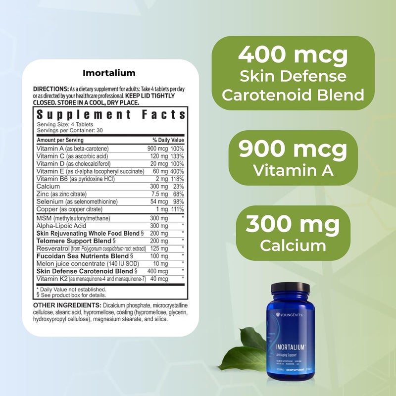 youngevity يونغيفيتي إيمورتاليوم لصحة التيلومير ومضاد الشيخوخة مزيج الفوكوزانثين والكاروتينويد ومزيج الفوكويدان MSM الجلوتاثيون مزيج تجديد البشرة 12 طعام كامل 120 قرص عبوة 1 - Image 3