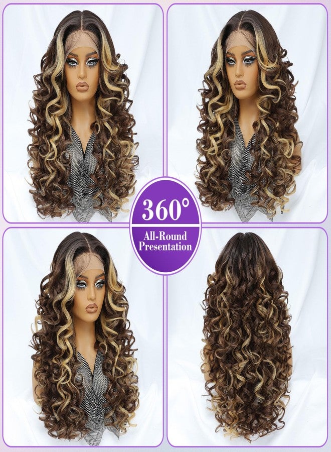 Felek Honey Blonde Wig Long Synthetic Loose Wave Lace Front Wigs for Black and White Women Ombre Brown 13x6 HD Transparent Lace Frontal Wigs Pre Plucked Wear and Go Glueless Curly Wig 24 inch P4/27 - Image 2