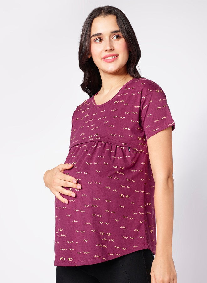 beebelle Purple Abstract Printed Maternity & Feeding Top - Image 3