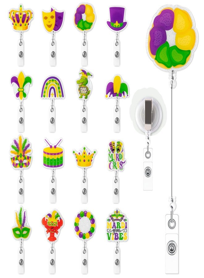 BkeeCten Mardi Gras Badge Reel - 16 Pcs Glitter Carnival Animal Design, Sparkling Retractable ID Holders with Secure Metal Clip for Office Wear, Hospital School Identification Professional Accessories - Image 1
