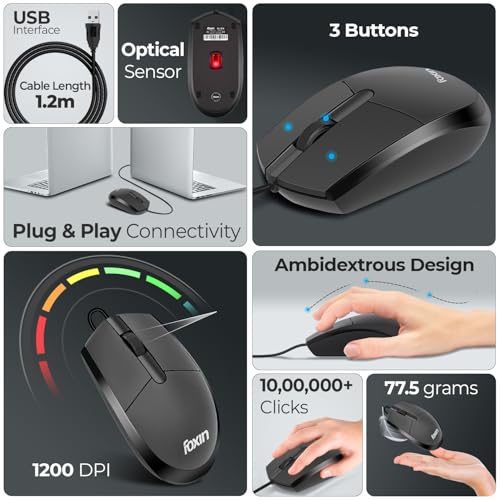 Foxin Glide Wired Mouse | 1200 DPI Optical Sensor | Plug & Play USB | Ergonomic Lightweight (77.5g) | 1.2M Cable | 3 Buttons | Silent & Durable | Wired Mouse for Laptop, PC, Desktop & Gaming - Image 2