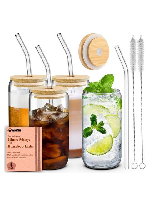 4 Piece Reusable Drinking Glasses with Bamboo Lids and Straws
