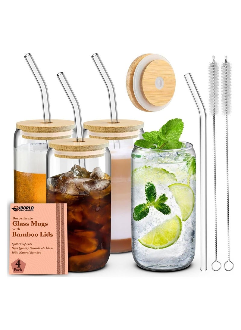 Eworld - 4 Piece Reusable Drinking Glasses with Bamboo Lids and Straws - Image 1