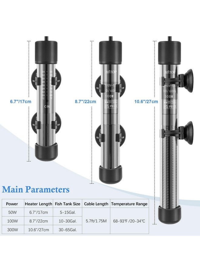 HITOP Thickened Glass Aquarium Heater: 50W 100W 300W Upgraded Fish Tank Heater with Controller, Fish Tank Thermostat Heater for Seawater/Fresh Water 5-65Gal - Image 2