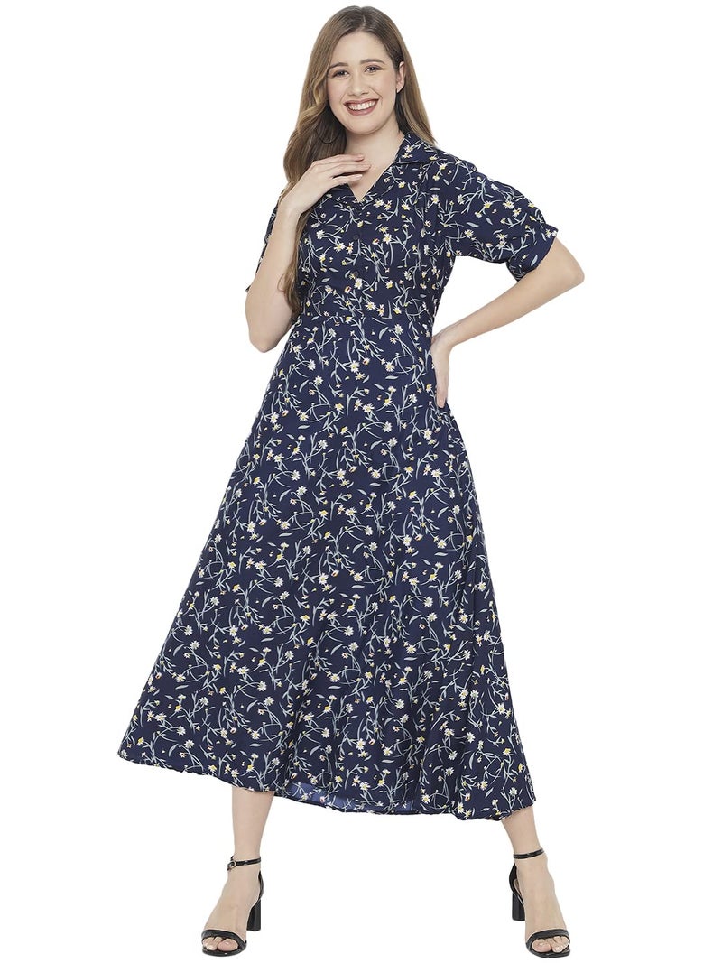 Indietoga Women's Printed Fit and Flare Long Maxi Dress (10001312_Blue Floral_X-Large) - Image 2