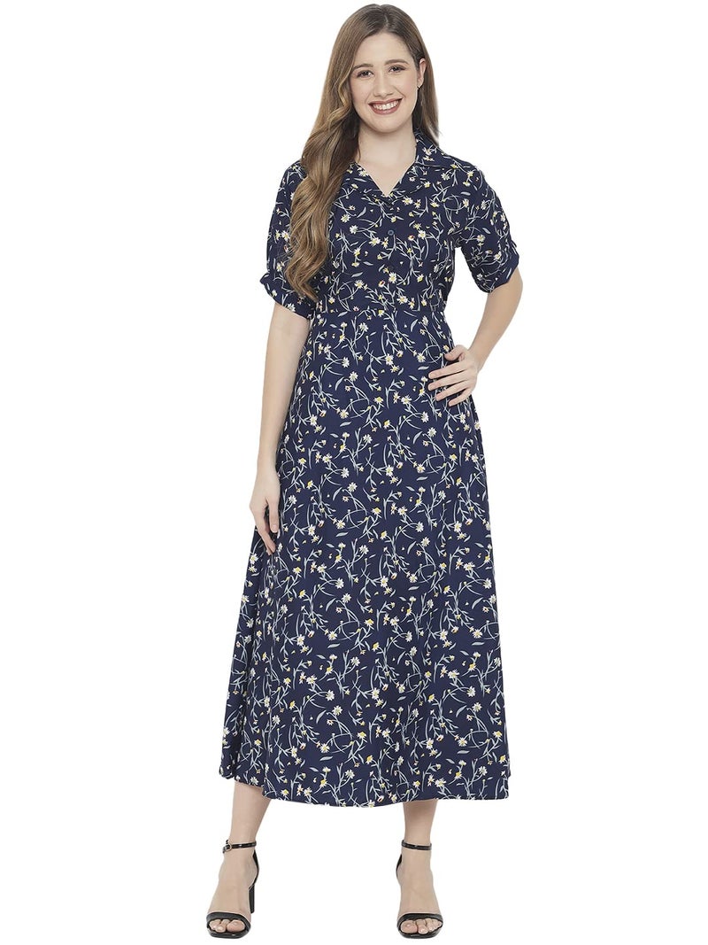 Indietoga Women's Printed Fit and Flare Long Maxi Dress (10001312_Blue Floral_X-Large) - Image 1