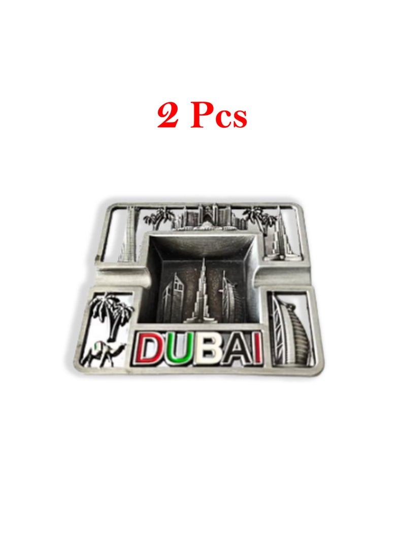 Souvenir Souq 2pcs Dubai Skyline Metal Ashtray Made of Zinc Alloy – UAE Flag Colors with Burj Al Arab, Burj Khalifa Atlantis, Camel & Palm Tree, Antique color finish - Image 1