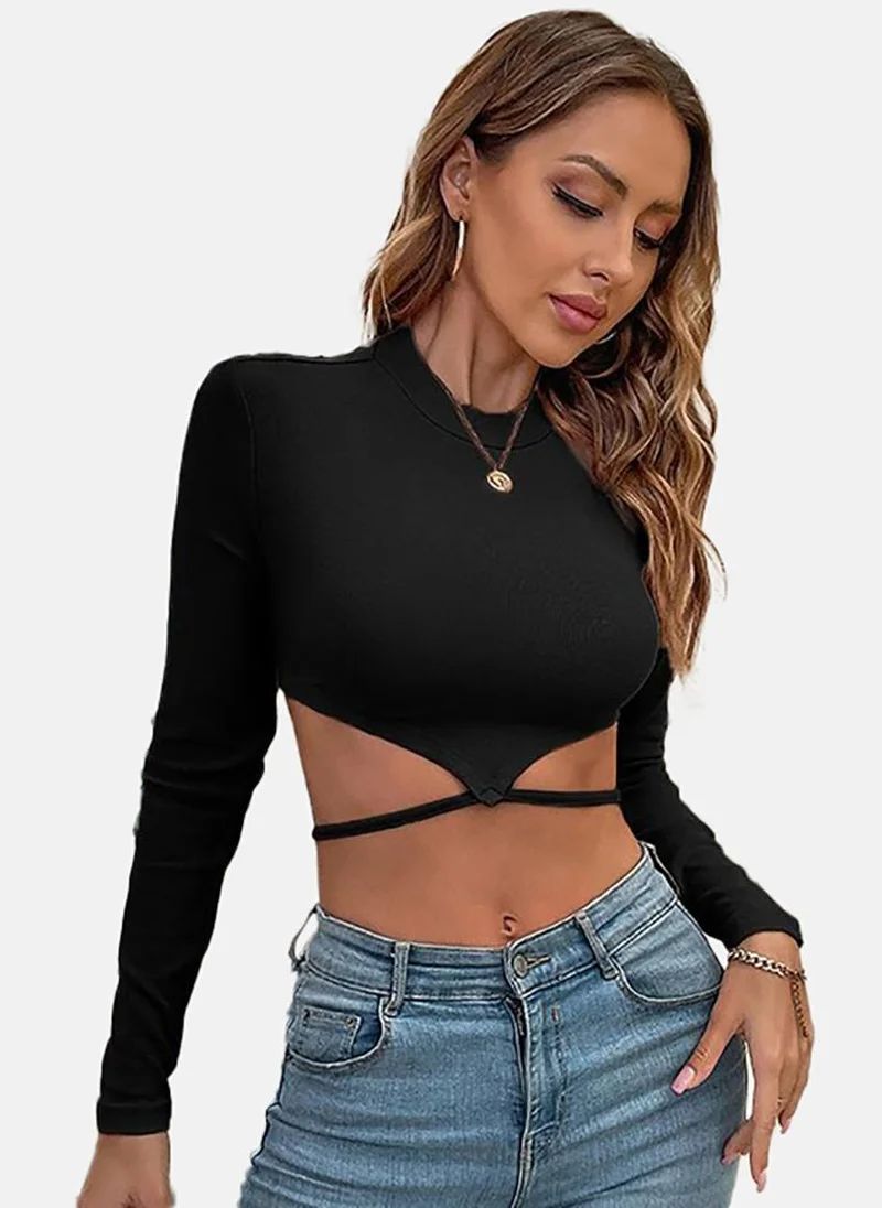 YUNIQEE Black Solid Slim Fit Long Sleeve Top