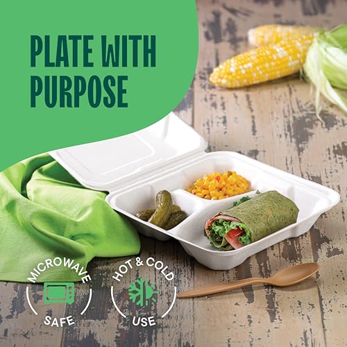 Stack Man Eco-Friendly Meal Prep Containers 3 Compartment [50-Pack 8x8x3"] Disposable to go Clamshell Food Containers Secure Snap Hinged Lid, Microwave Safe Take Out Lunch Boxes, Made from Renewable Materials - Image 3