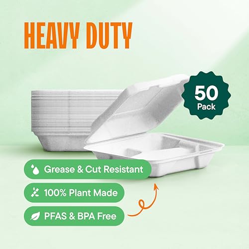 Stack Man Eco-Friendly Meal Prep Containers 3 Compartment [50-Pack 8x8x3"] Disposable to go Clamshell Food Containers Secure Snap Hinged Lid, Microwave Safe Take Out Lunch Boxes, Made from Renewable Materials - Image 2