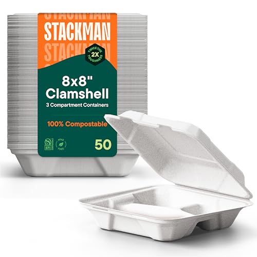 Stack Man Eco-Friendly Meal Prep Containers 3 Compartment [50-Pack 8x8x3"] Disposable to go Clamshell Food Containers Secure Snap Hinged Lid, Microwave Safe Take Out Lunch Boxes, Made from Renewable Materials - Image 1