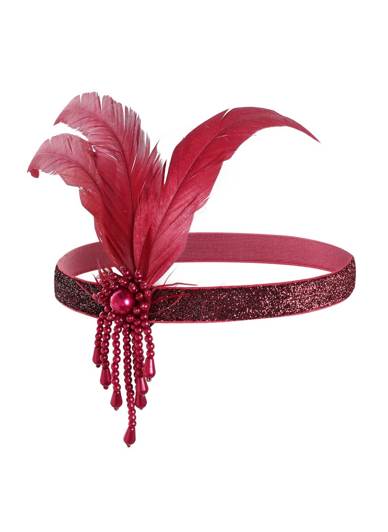 yeabwps - 1 Pcs 1920s Flapper Headpiece Red Feather Headband Roaring 20s Gatsby Hair Accessories Red - Image 1