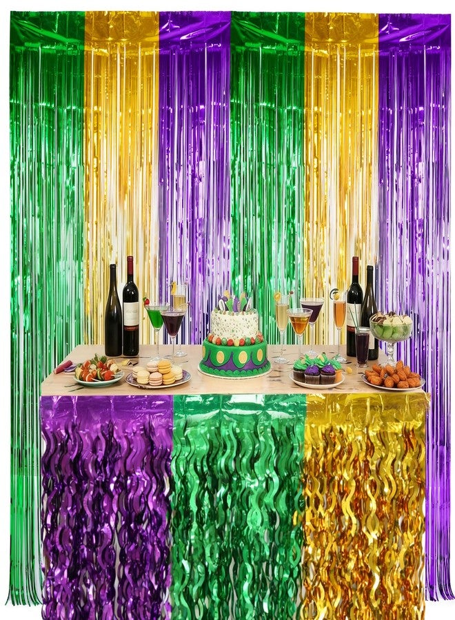 cnomg 2 Pack Purple Green Gold Table Skirts and 2 Pack 108x 30inch Fat Tuesday Party Metallic Foil Fringe Curtain for New Orleans Masquerade Carnival Party Supplies - Image 3