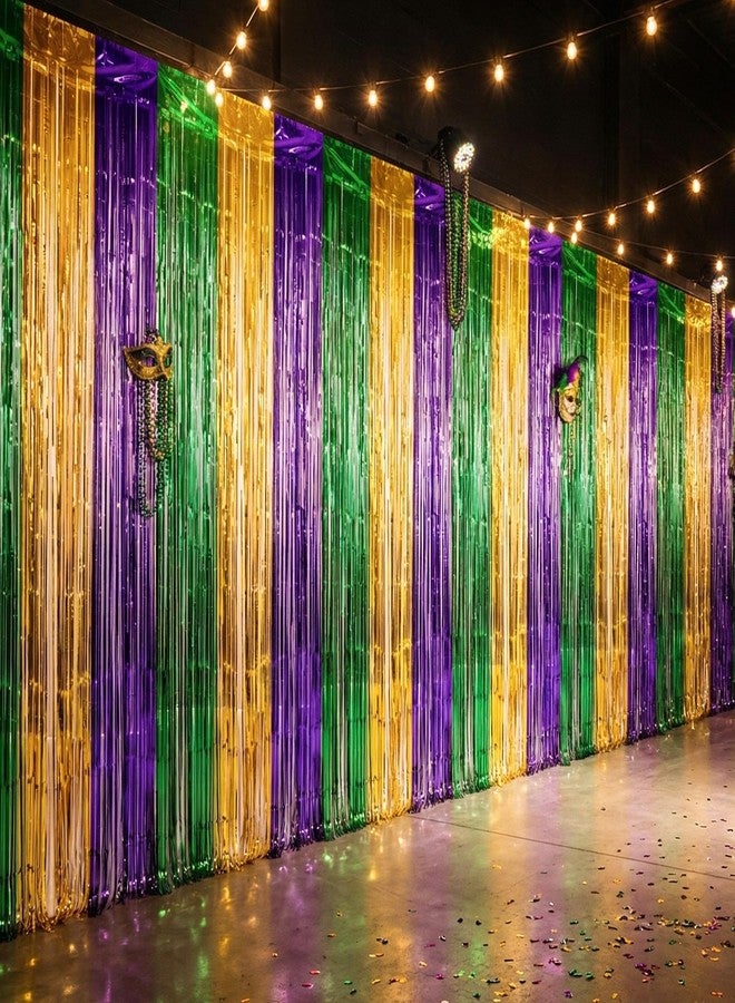 cnomg 2 Pack Purple Green Gold Table Skirts and 2 Pack 108x 30inch Fat Tuesday Party Metallic Foil Fringe Curtain for New Orleans Masquerade Carnival Party Supplies - Image 5