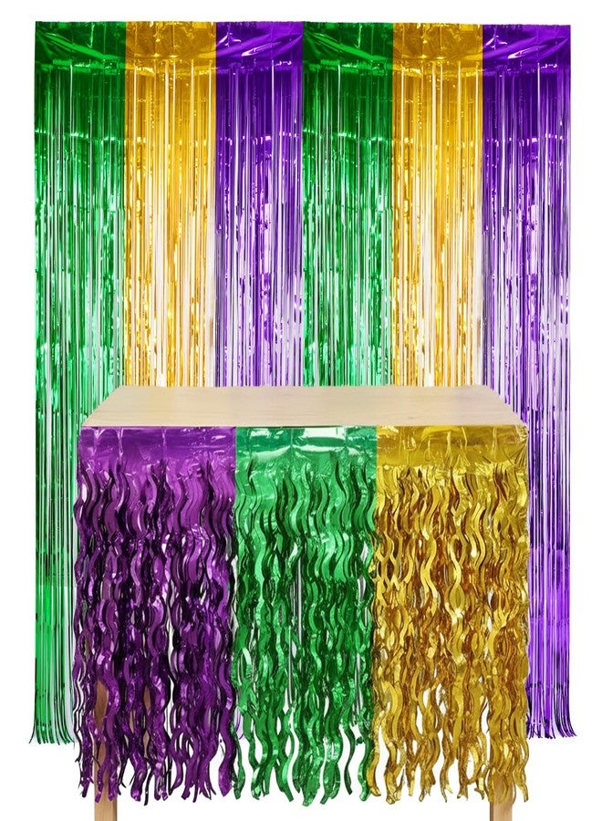 cnomg 2 Pack Purple Green Gold Table Skirts and 2 Pack 108x 30inch Fat Tuesday Party Metallic Foil Fringe Curtain for New Orleans Masquerade Carnival Party Supplies - Image 1