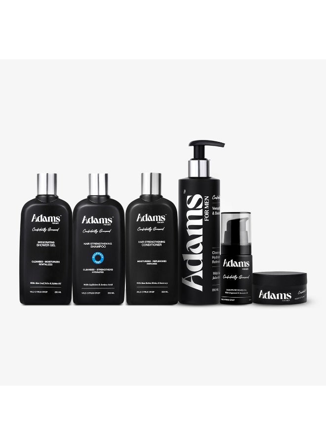 Versatile Face and Beard Wash - 230ml & Signature Beard Oil - 30ml & Hair Styling Cream - 100g & Hair Strengthening Shampoo - 250ml & Hair Strengthening Conditioner - 250ml & Invigorating Shower Gel - 250ml Bundle.