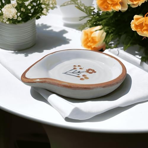 MALAIKAH Ceramic Spoon Rest Small White Brown Printed Hand-Painted, Ideal for Kitchen, Tableware, Cutlery Rest, Pack of 1 - Image 4