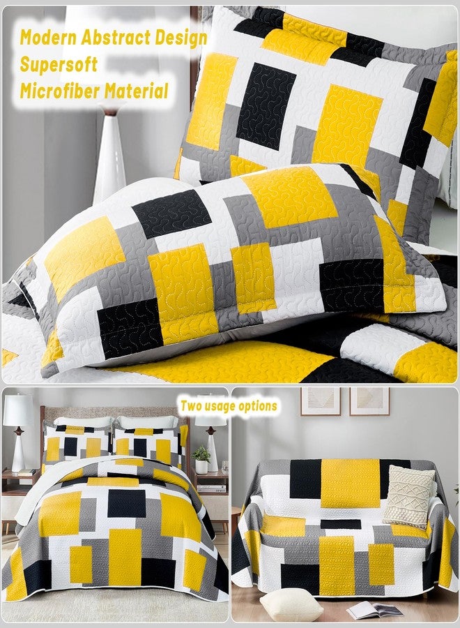 Tyrot 3 Piece Yellow Grey Quilt Set King Size Yellow Gray White Geometric Reversible Bedding Set Microfiber Lightweight Bedspread Coverlet with 2 Shams Modern Bed Cover for All Season, 106''x96'' - Image 3