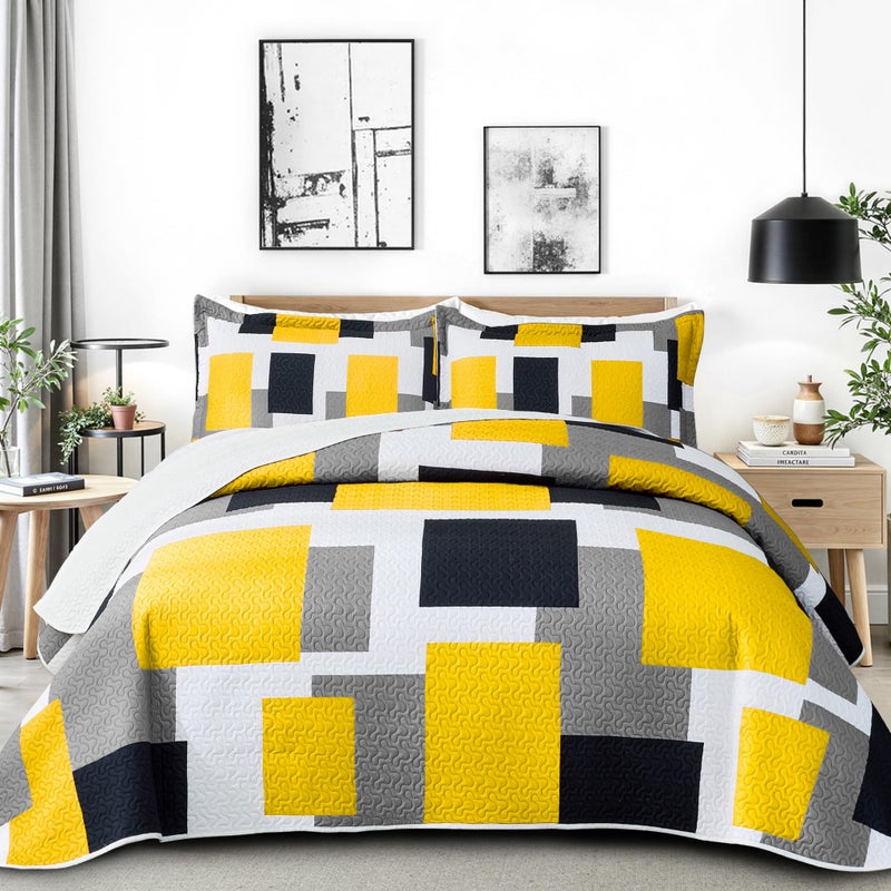 Tyrot 3 Piece Yellow Grey Quilt Set King Size Yellow Gray White Geometric Reversible Bedding Set Microfiber Lightweight Bedspread Coverlet with 2 Shams Modern Bed Cover for All Season, 106''x96'' - Image 1