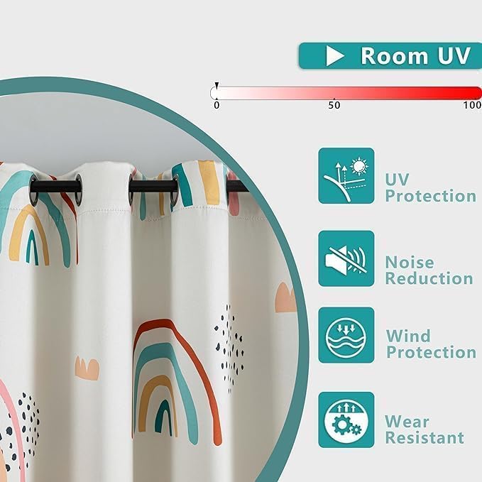 BFAM ستائر حجب الضوء للأطفال من BFAM بطول 7 أقدام - 100% حجب للغرفة، معزولة حرارياً، تقلل الضوضاء، مطبوعات حيوانات ملونة وقوس قزح، ستائر عيون لغرفة اللعب، غرفة النوم و nursery، عبوة من ستارة واحدة - Image 3