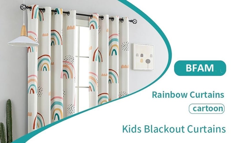 BFAM ستائر حجب الضوء للأطفال من BFAM بطول 7 أقدام - 100% حجب للغرفة، معزولة حرارياً، تقلل الضوضاء، مطبوعات حيوانات ملونة وقوس قزح، ستائر عيون لغرفة اللعب، غرفة النوم و nursery، عبوة من ستارة واحدة - Image 4