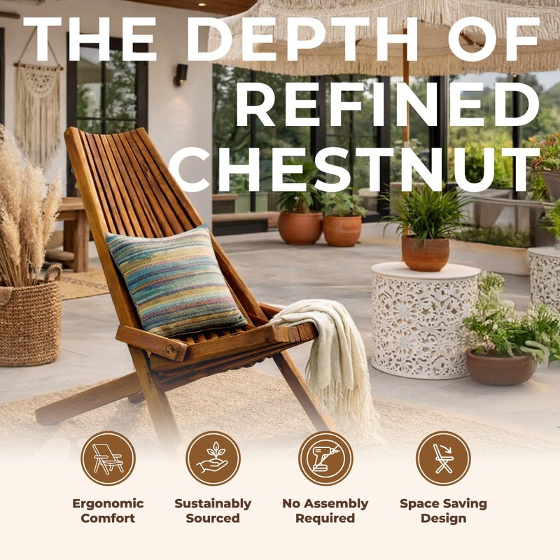 Melino Wooden Folding Tamarack Chairs, FSC Certified Acacia Low Profile Adirondack Chairs, Wood Folding Chair for Outdoor, Patio, Porch, Pool, Backyard, Garden, Balcony and Deck - Chestnut - Single - Image 2