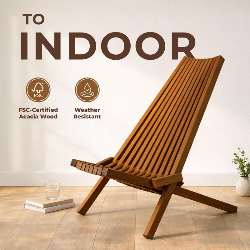 Melino Wooden Folding Tamarack Chairs, FSC Certified Acacia Low Profile Adirondack Chairs, Wood Folding Chair for Outdoor, Patio, Porch, Pool, Backyard, Garden, Balcony and Deck - Chestnut - Single - Image 5