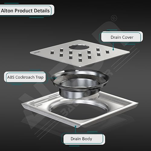 ALTON ALD1003, SS-304 Grade, 6x6 INCH Cut, Bathroom Grating Square Floor Drain Jali with ABS Cockroach Trap, Matte - Image 3