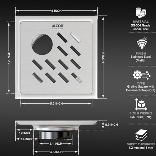 ALTON ALD1003, SS-304 Grade, 6x6 INCH Cut, Bathroom Grating Square Floor Drain Jali with ABS Cockroach Trap, Matte - Image 2