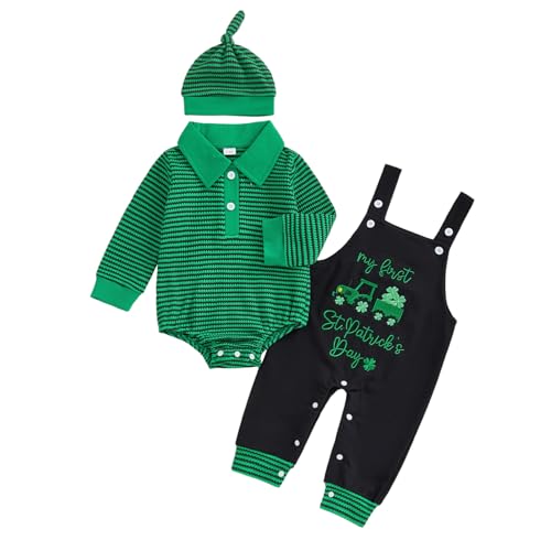 BeQeuewll My First St Patricks Day Baby Boy Outfit Infant Stripe Romper Clover Embroidery Overalls Pants Set Newborn Outfits St Patricks 36 Months - Image 1