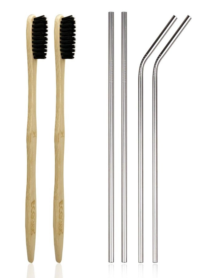 ECO365 Bamboo Toothbrush (Pack of 2 & Steel Straws (2 Straight Straw + 2 Bent Straw - Image 1
