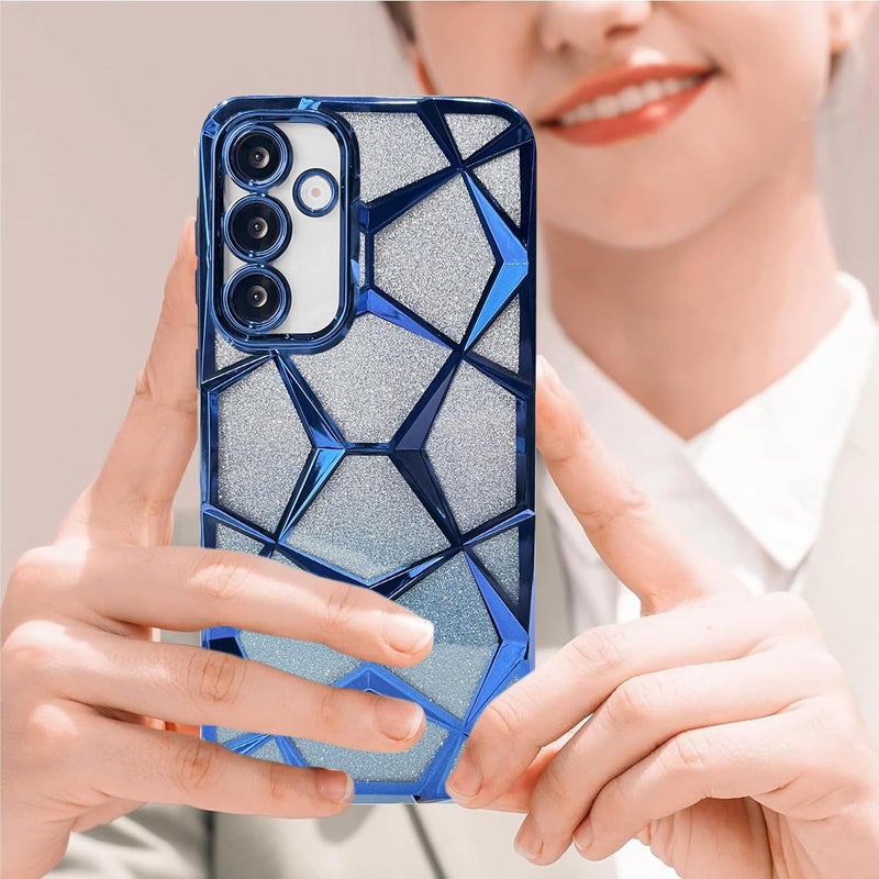 VONZEE Gradient Glitter Case for Samsung S24 FE, Luxury Electroplated 3D Cube, Diamond Bling Shiny Soft TPU Clear Shockproof Women Girls Protective Phone Cover (Blue) - Image 4