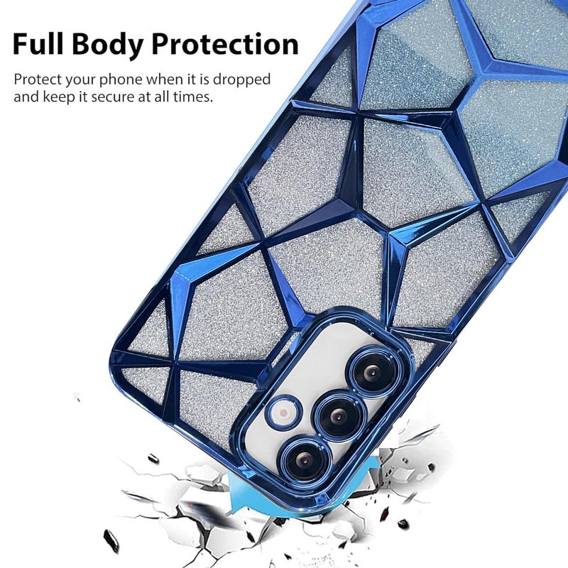 VONZEE Gradient Glitter Case for Samsung S24 FE, Luxury Electroplated 3D Cube, Diamond Bling Shiny Soft TPU Clear Shockproof Women Girls Protective Phone Cover (Blue) - Image 3