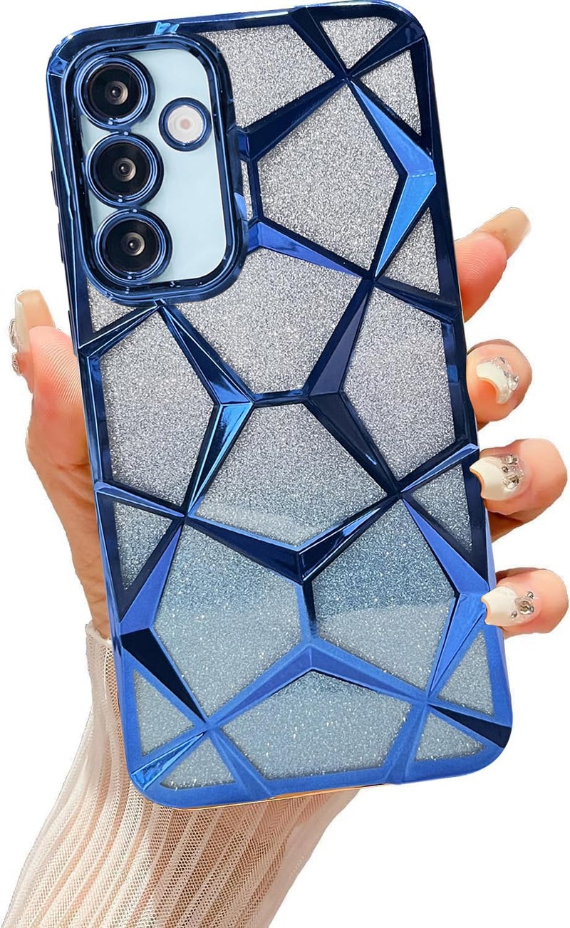 VONZEE Gradient Glitter Case for Samsung S24 FE, Luxury Electroplated 3D Cube, Diamond Bling Shiny Soft TPU Clear Shockproof Women Girls Protective Phone Cover (Blue) - Image 1