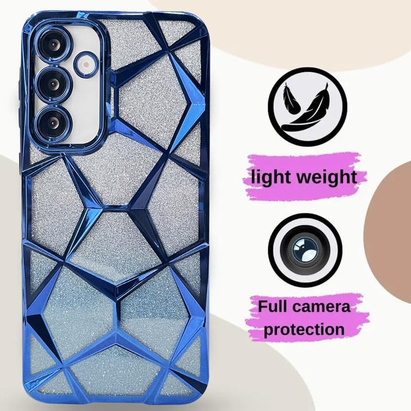 VONZEE Gradient Glitter Case for Samsung S24 FE, Luxury Electroplated 3D Cube, Diamond Bling Shiny Soft TPU Clear Shockproof Women Girls Protective Phone Cover (Blue) - Image 2