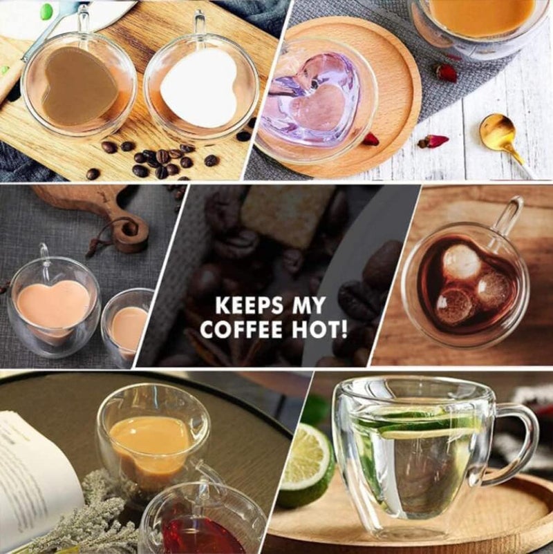 HAKKU Heart-Shaped Double Wall Glass Coffee Mugs – Set of 6-250ml Insulated Espresso Cups for Hot & Cold Drinks – Romantic Gift Set for Couples, Valentine’s Day & Anniversary (6, Heart Cup) - Image 3