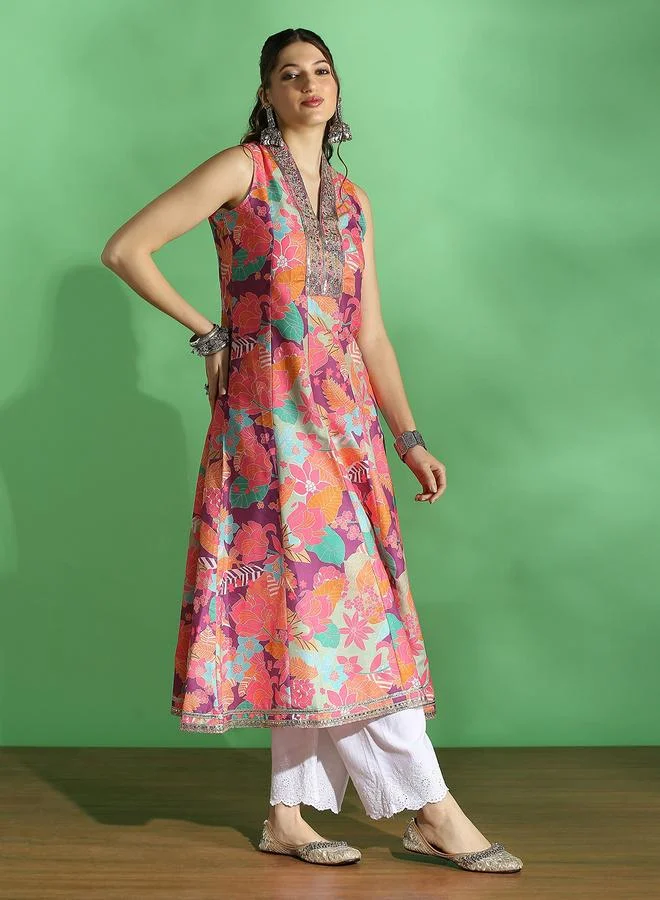 globus Floral Print Embroidered Zari Work Anarkali Festive Kurta