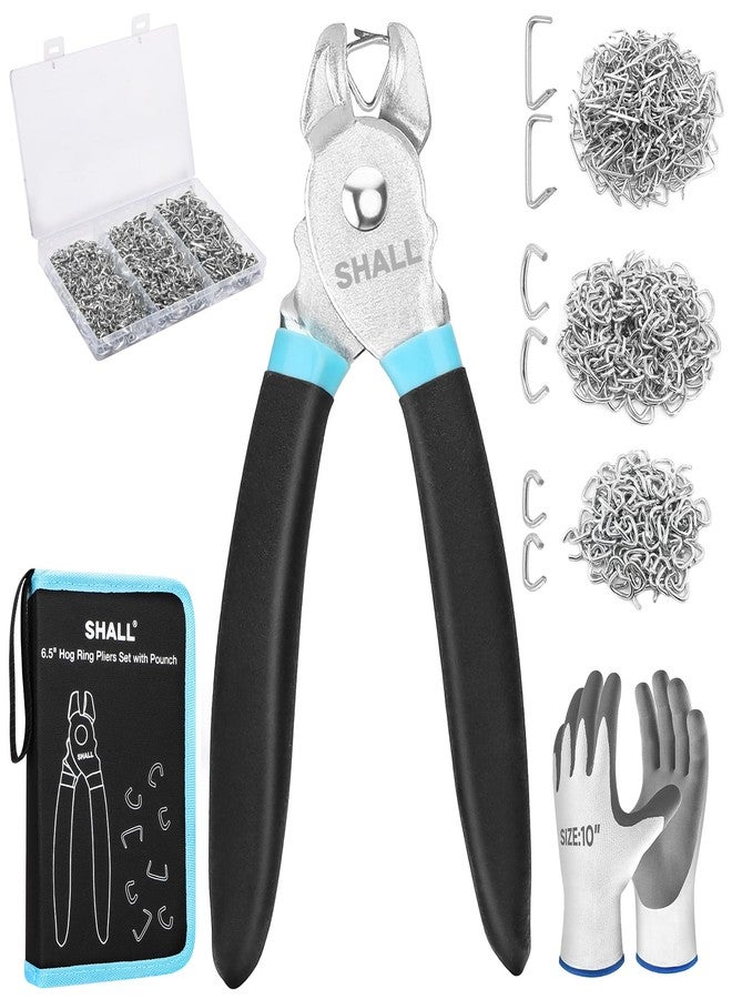SHALL Hog Ring Pliers Kit with 600pcs Galvanized Hog Rings (3/8’’, 1/2’’, 3/4’’) for Upholstery, Fence, Animal Pet Cages, Bungee Cords, Bagging, Protective Gloves, Storage Case & Bag Included - Image 1