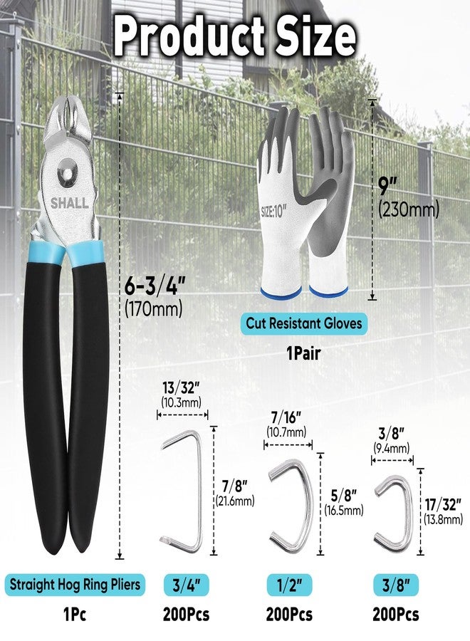 SHALL Hog Ring Pliers Kit with 600pcs Galvanized Hog Rings (3/8’’, 1/2’’, 3/4’’) for Upholstery, Fence, Animal Pet Cages, Bungee Cords, Bagging, Protective Gloves, Storage Case & Bag Included - Image 4