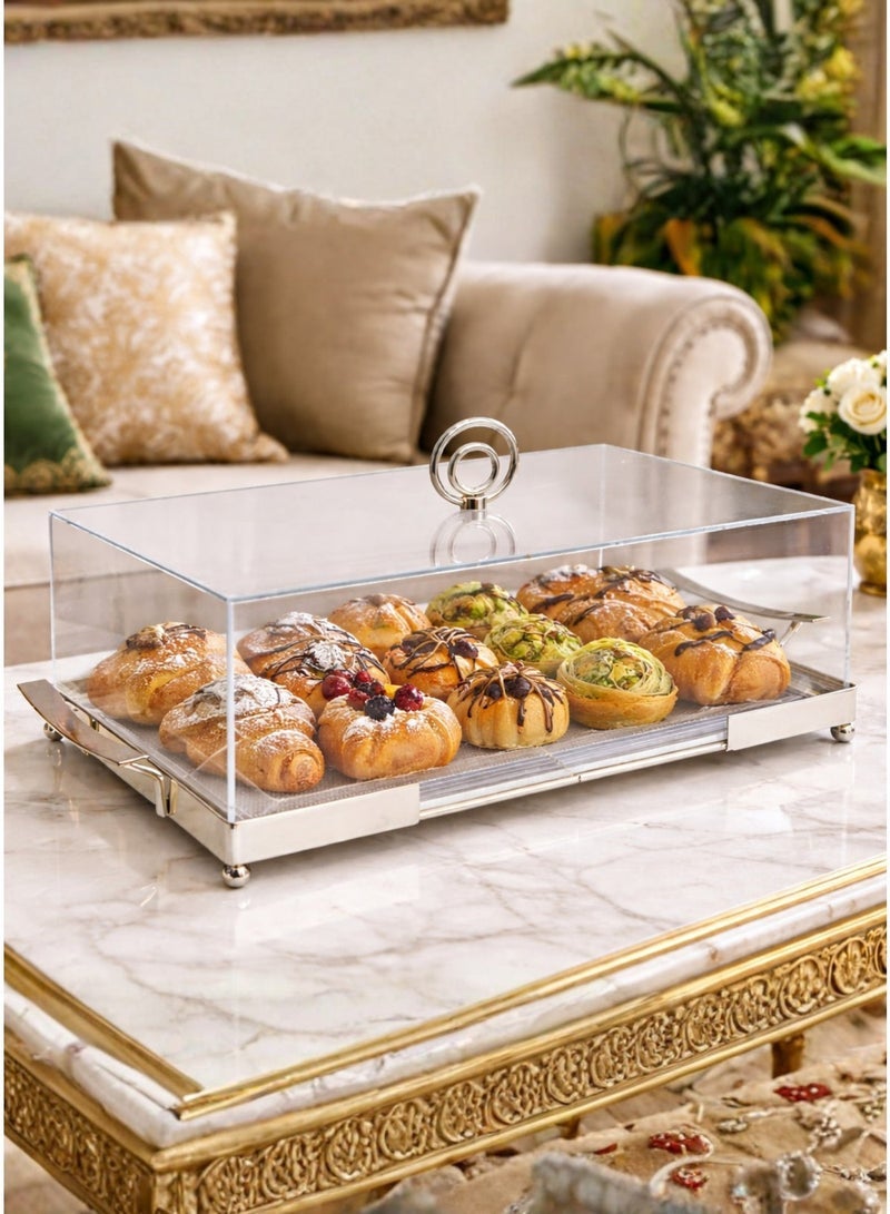 ALQANNAS Large Rectangular Cake Tray | Silver Stainless Steel Top on Acrylic Base | Elegant Serving Dish for Desserts & Pastries - Image 1