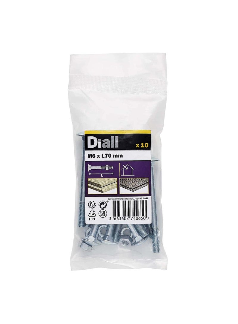 Zinc Plated Carbon Steel Square Coach Nut And Bolt Pack M6 X 70 Mm 10 Piece