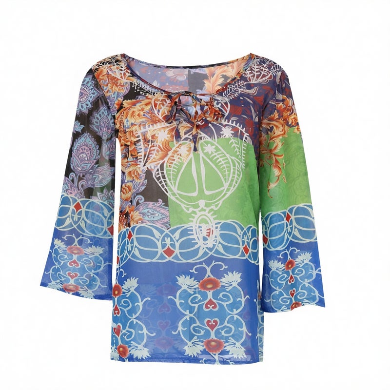 Women's V-Neck Long Sleeve Chiffon Floral Print Beach Mini Dress - Image 1