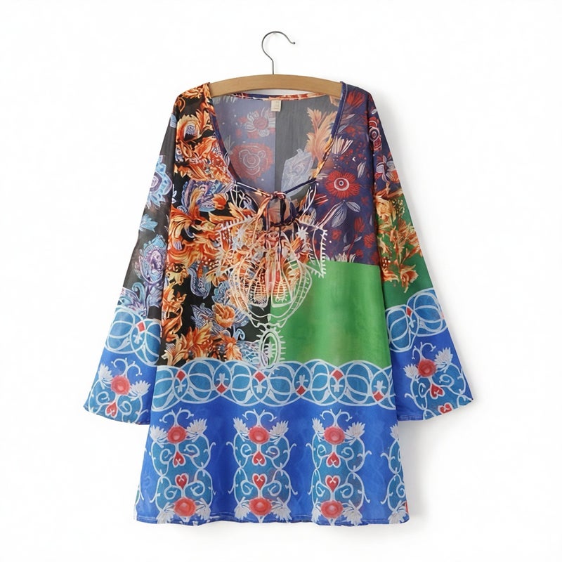 Women's V-Neck Long Sleeve Chiffon Floral Print Beach Mini Dress - Image 2